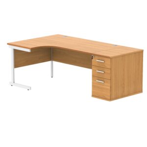 Single Upright Left Hand Radial Desk + Desk High Pedestal | 800mm Deep Pedestal | 1600 X 1200 | Norwegian Beech/White