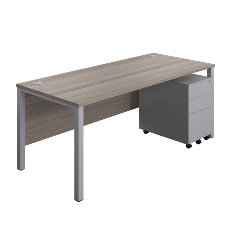 Goal Post Rectangular Desk + 3 Drawer Steel Pedestal | 1800x800 | Grey oak/Silver