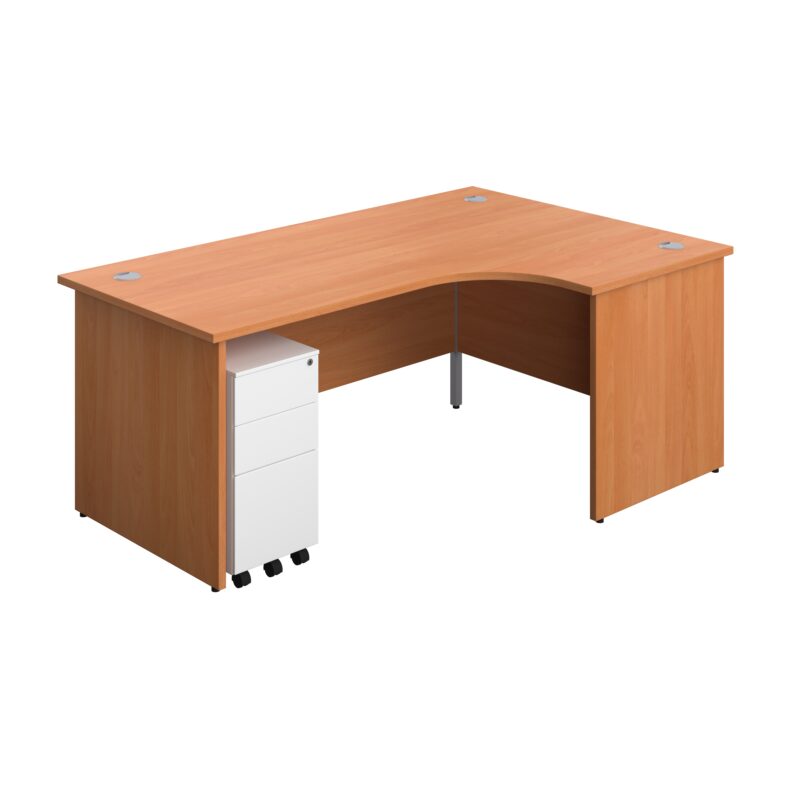 Panel Right Hand Radial Desk + 3 Drawer Slimline Steel Mobile Pedestal Bundle | 1800X1200 | Beech/White