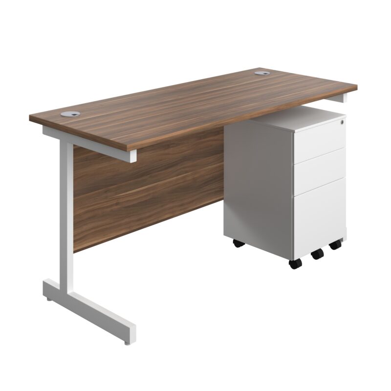 Single Upright Rectangular Desk + Under Desk Steel Pedestal 3 Drawers | 1400 X 600 | Dark Walnut/White