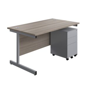 Single Upright Rectangular Desk + Under Desk Steel Pedestal 3 Drawers | 1400 X 800 | Grey Oak/Silver