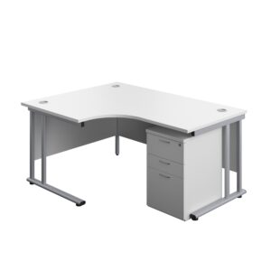 Twin Upright Left Hand Radial Desk + High Mobile Pedestal 3 Drawer | 1600X1200 | White/Silver