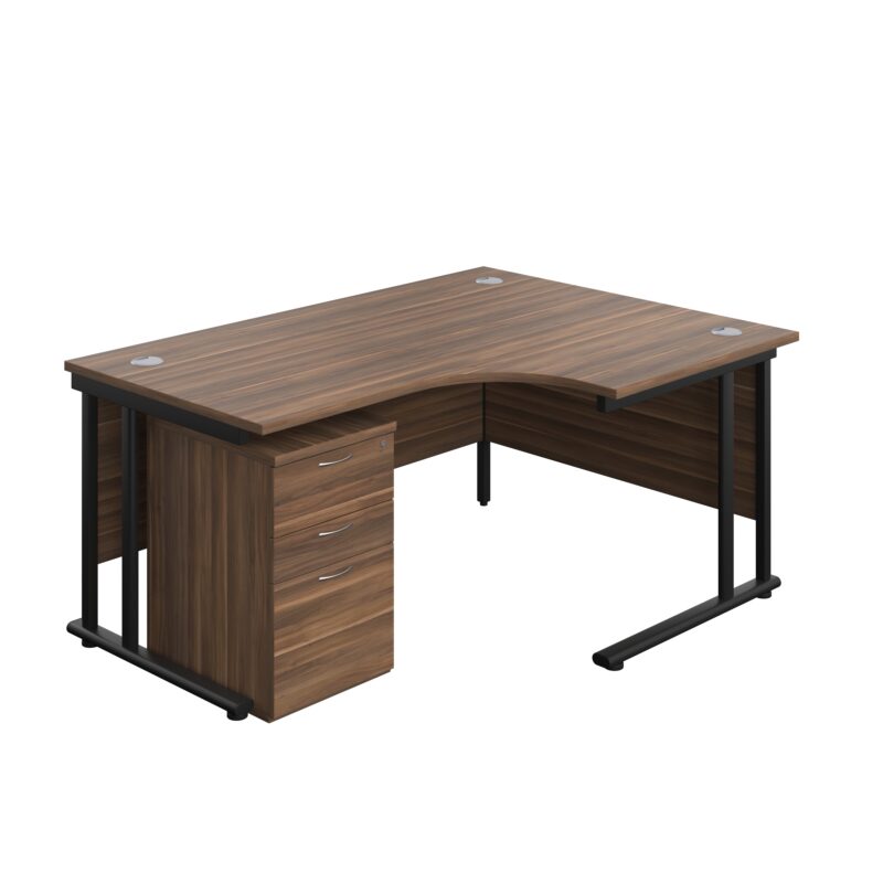 Twin Upright Right Hand Radial Desk + High Mobile Pedestal 3 Drawer | 1600X1200 | Dark Walnut/Black