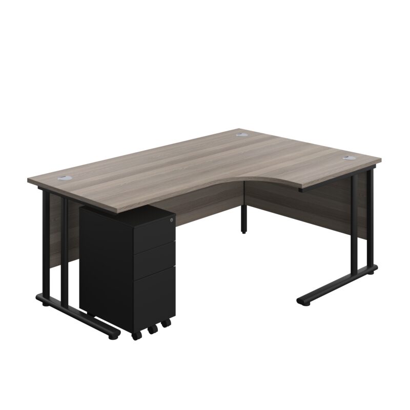 Twin Upright Right Hand Radial Desk + Slimline Steel Pedestal 3 Drawers | 1800X1200 | Grey Oak/Black