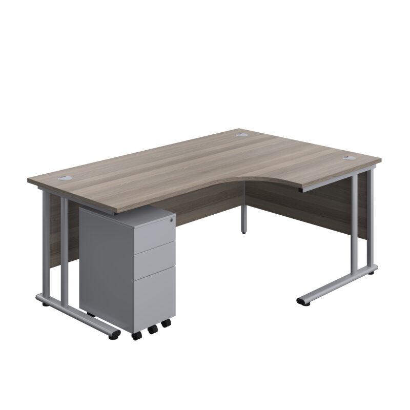 Twin Upright Right Hand Radial Desk + Slimline Steel Pedestal 3 Drawers | 1800X1200 | Grey Oak/Silver