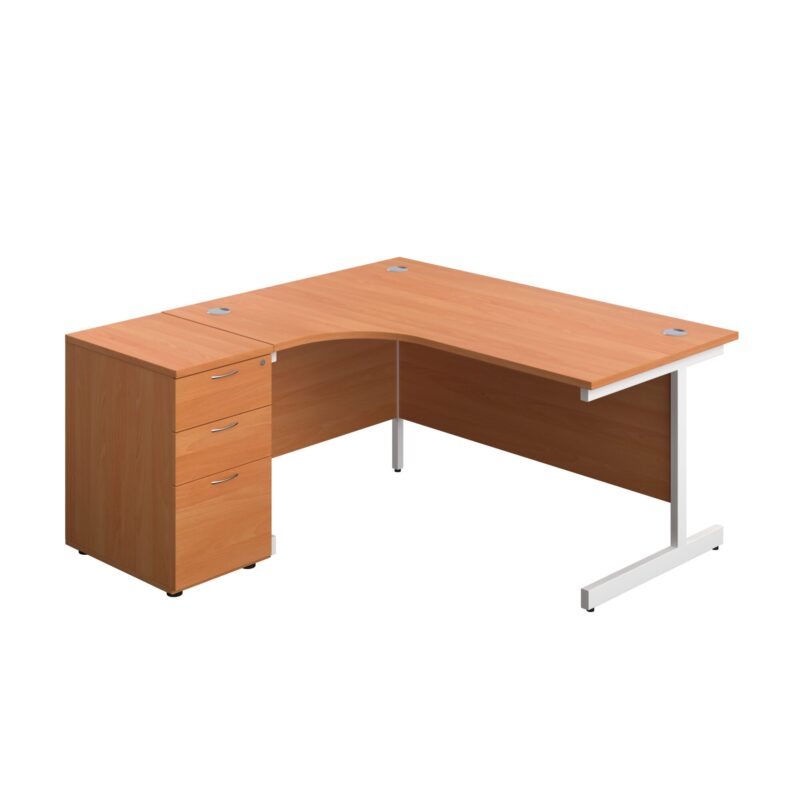 Single Upright Left Hand Radial Desk + Desk High 3 Drawer Pedestal (FSC) | 1600 X 1200 | 600mm Deep Pedestal | Beech/White