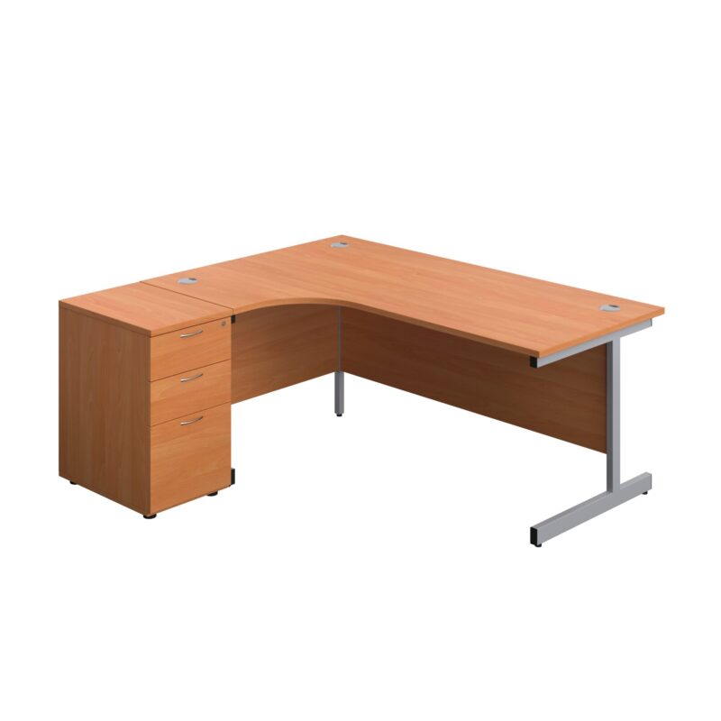 Single Upright Left Hand Radial Desk + Desk High 3 Drawer Pedestal (FSC) | 1800 X 1200 | 600mm Deep Pedestal | Beech/Silver