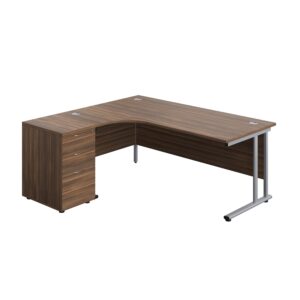 Twin Upright Left Hand Radial Desk + Desk High 3 Drawer Pedestal (FSC) | 1800X1200 | 600mm Deep Pedestal | Dark Walnut/Silver