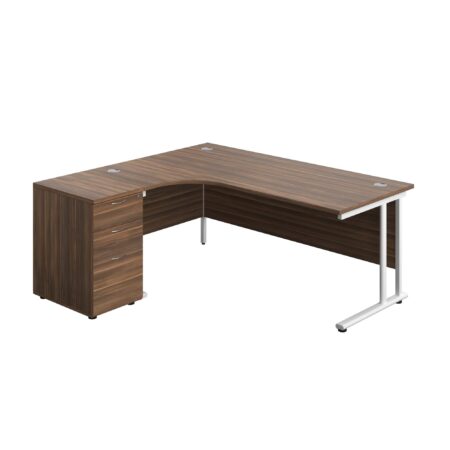 Twin Upright Left Hand Radial Desk + Desk High 3 Drawer Pedestal (FSC) | 1800X1200 | 600mm Deep Pedestal | Dark Walnut/White
