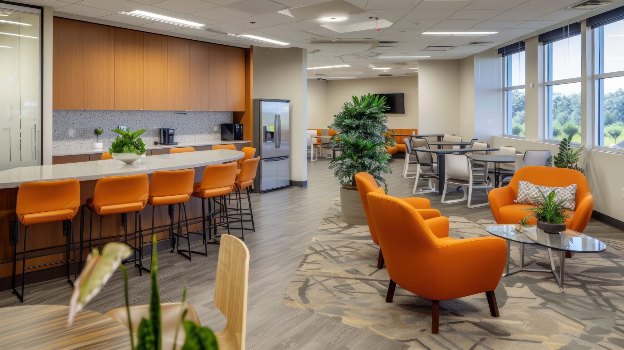 office with a spacious break room, featuring comfortable seating and calming decor for relaxation