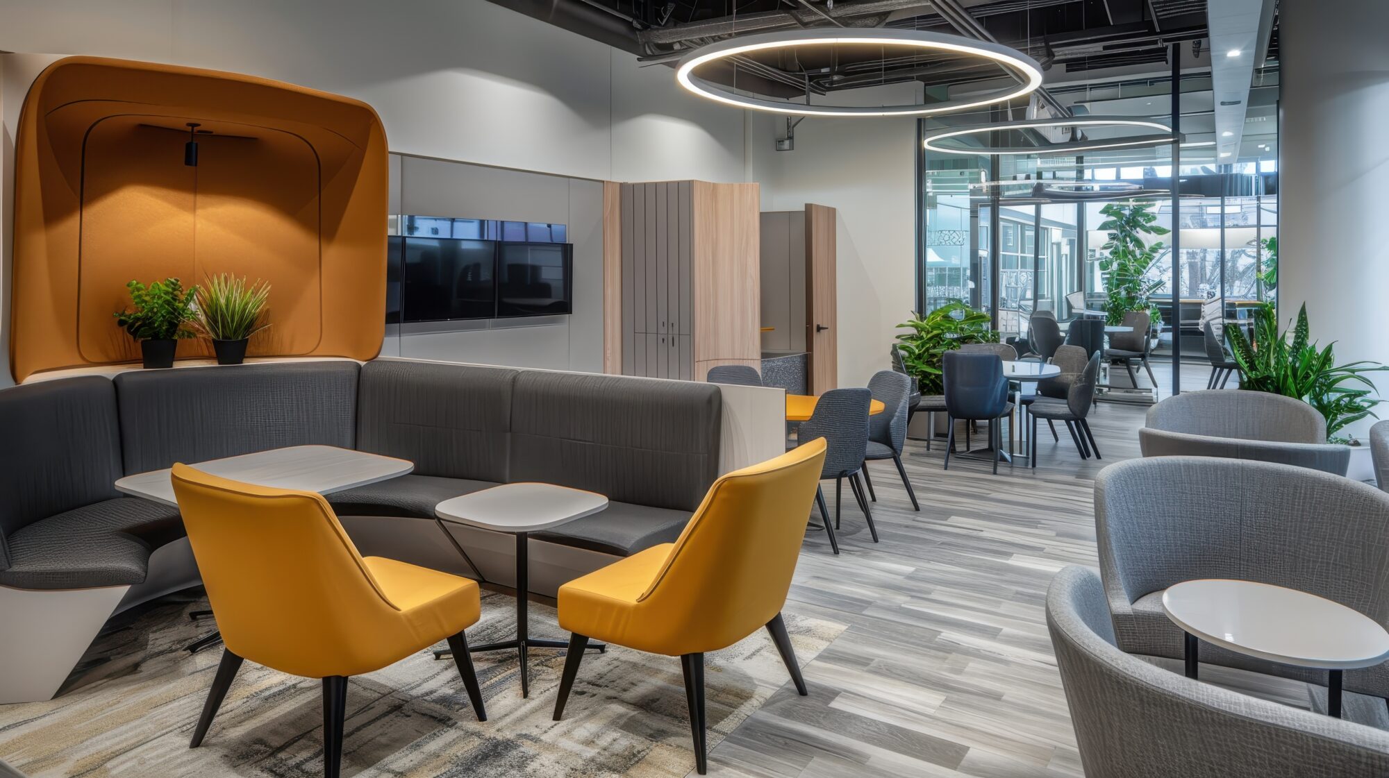 modern office lounge with stylish furniture, well lit interior, and cozy seating areas ideal for collaborative work and relaxation.